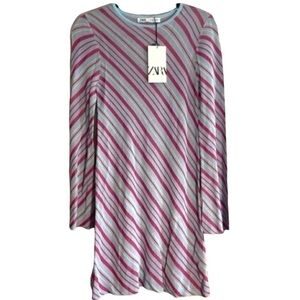 ZARA NWT retro long sleeved blue and pink striped fitted knit dress